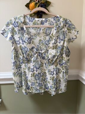 Rose & Olive Blue and Green Floral Tie-Front Blouse